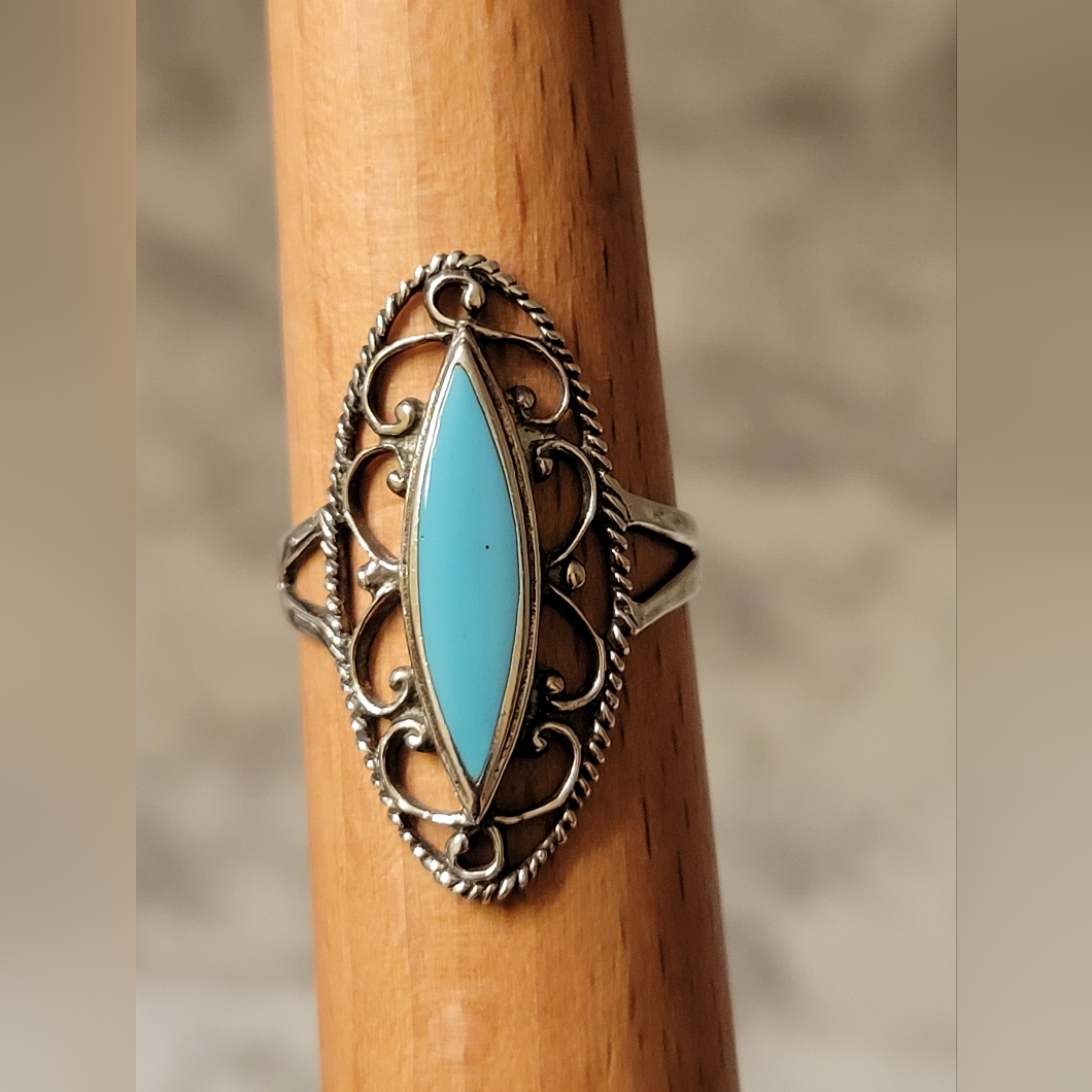 Silver 925 And Turquoise Enamel Oval Scroll Ring Sz 7